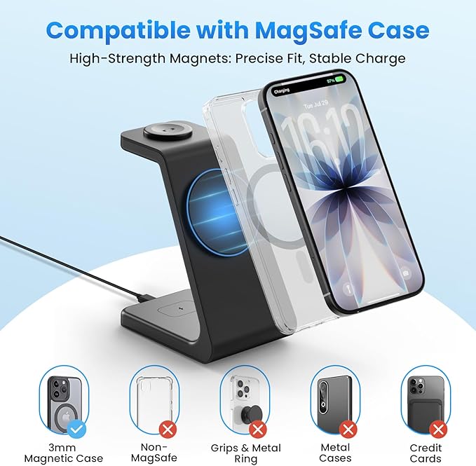 Qi2 15W Charging Station for iPhone 17: JoyGeek 3-in-1 Fast Wireless & Magnetic Charger for Magsafe, iPhone 17-12, Apple Watch Ultra 2-11 & AirPods 2-4, Includes 30W PD Adapter