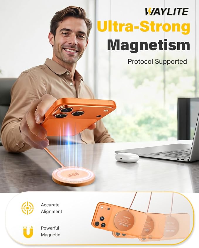 25W Wireless Charger for MagSafe, Magnetic Fast Charging Pad for iPhone 17/16/15/14/13/12 Series & AirPods, Strong Magnet, Thin & Portable Wireless Charger for Travel Home Office (Orange, 2Pack)