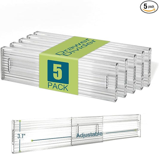 Expandable Clear Drawer Dividers - 3.1'' Height, 11-19'' Adjustable Drawer Separators, Expandable Dresser Organizers in Bedroom, Bathroom, Closet, Clothing, Office, Kitchen Storage