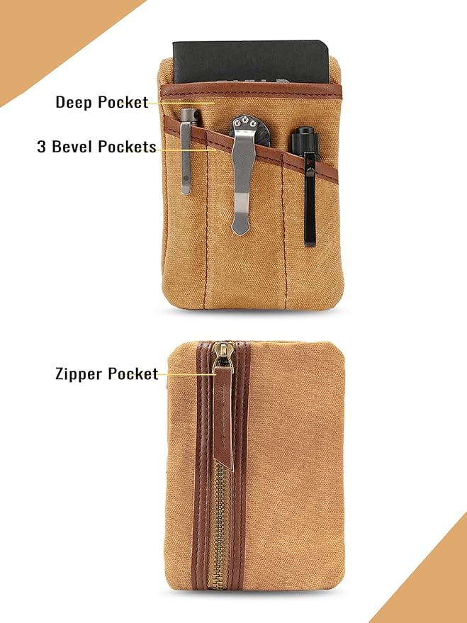 SP4 Waxed Canvas Compact EDC Pocket Organizer, Zippered Pocket Pouch for Men, Mini EDC Organizer for Change, Notebook, Tactical Pen, Flashlight