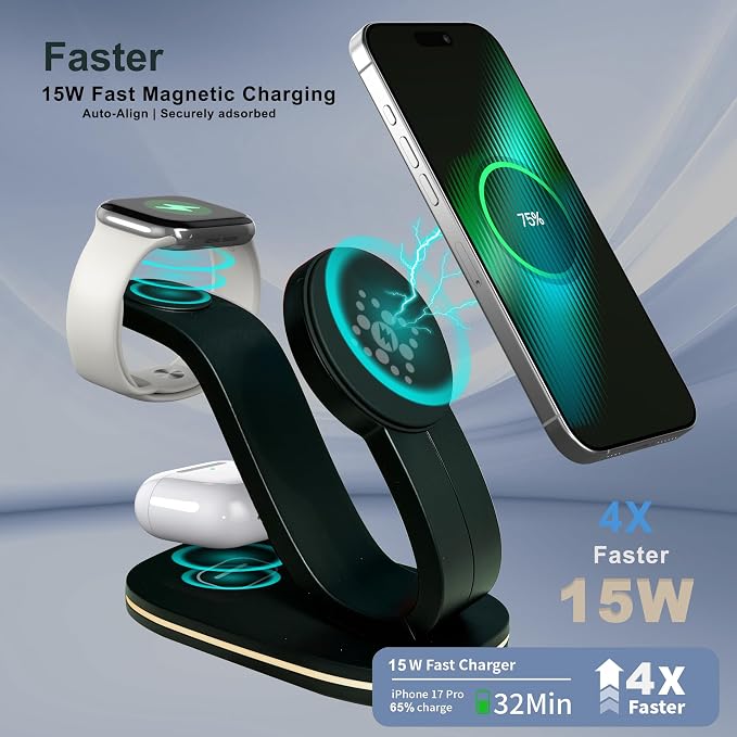 Wireless Charger 3 in 1 for iPhone, Magnetic Charging Station for Apple Family with Adjustable Multicolor Ambient Light, 15W Fast MagSafe Charger Stand,for iPhone17-12-iWatch AirPods Series