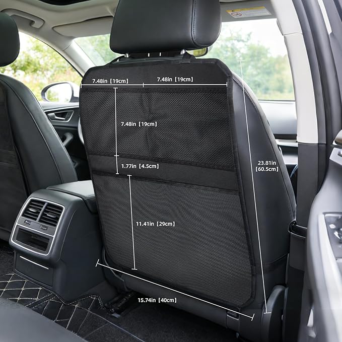 Back Seat Cover for Kids – 2 Mesh Pockets + 1 X-Large Storage Organizer, Waterproof Car Seat Back Protector for Vehicles, Protects Upholstery from Dirt, Mud & Scratches, Black (2)