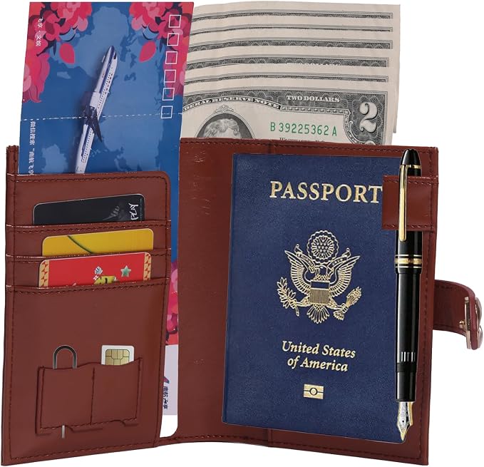 YOXIER Passport-Holder-for-Travel-Women-Men Brown，lLarge capacity Passports Holders TravelCover Wallet Passport with Pen Holder