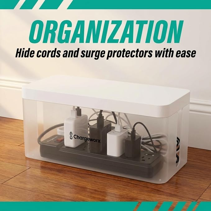 ChargeWorx Cable-Management Box Set, 2 Pack Cord Organizer to Hide Power Strips and Surge Protectors, Desk and Floor Wire Concealer for Home Office, TV Area, White