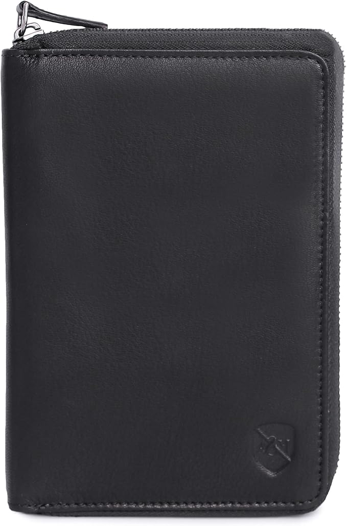 ALLEN & MATE 100% Leather Passport Holder for Travel RFID Blocking Passport Wallet for Men & Women - Zippered Compact Travel Document Organizer Fits Passport, Cash, Cards, SIM, ID and Tickets