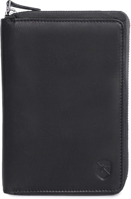 ALLEN & MATE 100% Leather Passport Holder for Travel RFID Blocking Passport Wallet for Men & Women - Zippered Compact Travel Document Organizer Fits Passport, Cash, Cards, SIM, ID and Tickets