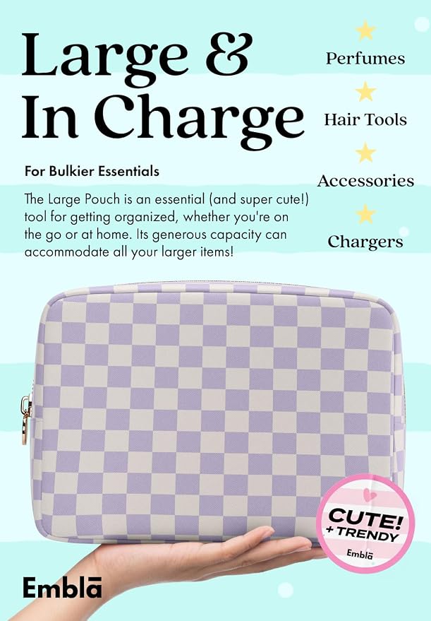 Embla Makeup Bag Travel Cosmetics Pouch and Toiletry Bag, Nylon Zipper Pouch Purse, Cute Make Up Organizer Storage Tote for Women Girls, Travel Skincare Case, Large Makeup Case, Dusty Rose Checkered