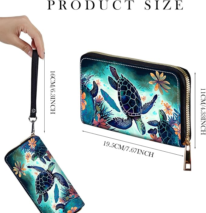 Zip Around Wallets for Women with Detachable Wrist Strap, Large Capacity RFID Blocking Leather Purse Organizer Card Holder Wristlet,Sea Turtles