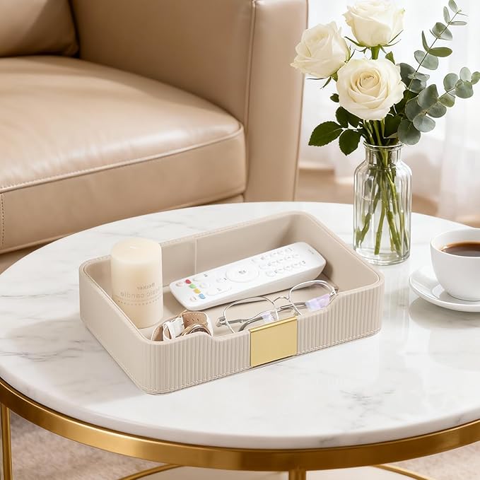 Valet Tray Desktop Storage Organizer, PU Leather Catchall Bedside Vanity Tray with Brass Accents Block Nightstand Organizer for Keys Watch Wallet Phone, Decorative Nightstand Storage (Beige)