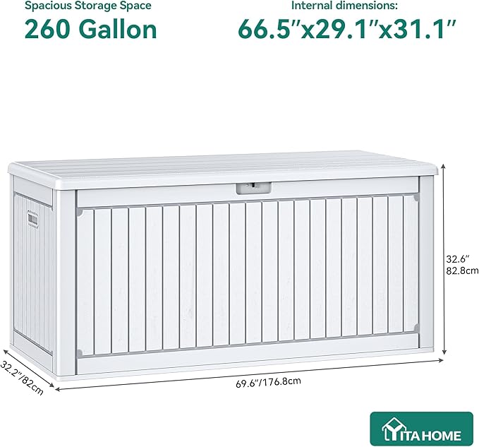 YITAHOME 260 Gallon Extra Large Deck Box, Double-Wall Resin Outdoor Storage Box with Flexible Divider for Patio Cushions Pool Supplies Garden Tools, 1000lbs Load Capacity, Lockable&Waterproof (White)