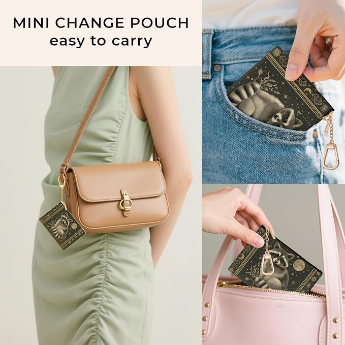 Vintage Raccoon Keychain Coin Purse for Women, Small PU Leather Change Pouch, Zipper Little Tiny Travel Wallet for Girls, Cute Kawaii Zip Pocket Coin Holder with Key Ring
