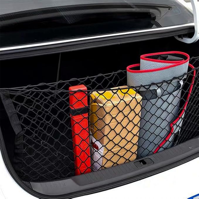 Car Rear Cargo Net, 43.31 x 15.7 Elastic Vehicle Trunk Mesh Storage Organizer with Hooks Screws, Adjustable Automotive Rear Cargo Storage Pouch Net, Universal for SUV Truck Sedan