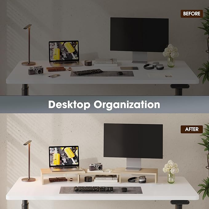 FITUEYES Dual Monitor Stand – 3 Shelf Computer Monitor Riser, Wood Desktop Stand with Adjustable Length and Angle, Desk Accessories, Office Supplies Medium Oak, DT108006WO
