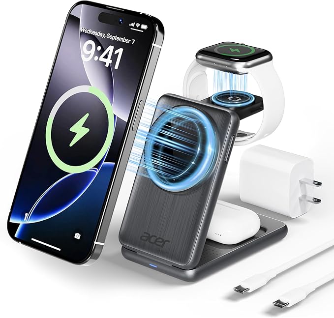 Acer 3 in 1 Charging Station for Apple Device, Magnetic Wireless Foldable Fast Charger Stand Compatible with MagSafe for iPhone, Apple Watch & AirPods, Foldable Charging Dock for Desk S3