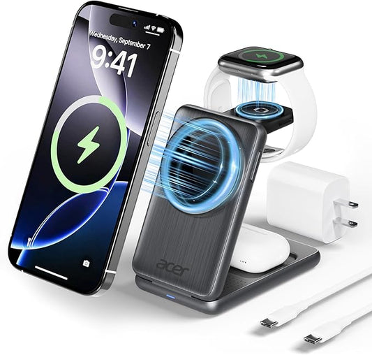 Acer 3 in 1 Charging Station for Apple Device, Magnetic Wireless Foldable Fast Charger Stand Compatible with MagSafe for iPhone, Apple Watch & AirPods, Foldable Charging Dock for Desk S3