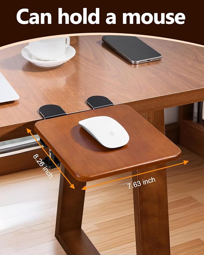 Ergonomic Desk Extender Tray, 8.2"x7.6" Table Mount Arm Wrist Rest Shelf, 90° Foldable Elbow Support, Clamp on Computer Arm Rest for Desk, Office & Home Use, Wood