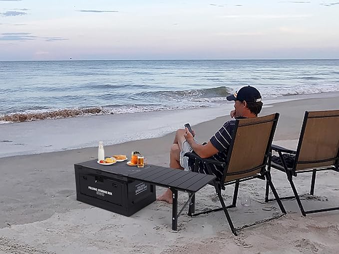 Nice C Folding Table, Storage Bin with Table, Collapsible Storage Box with Table, Organizing Containers Plastic with Wood Lid and 2 Side Doors, Stackable Organizer
