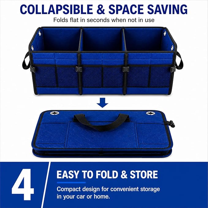 Car Trunk Organizer – Foldable Storage with 3 Compartments, Heavy Duty, Collapsible Cargo Organizer for SUV, Truck & Car (Blue)
