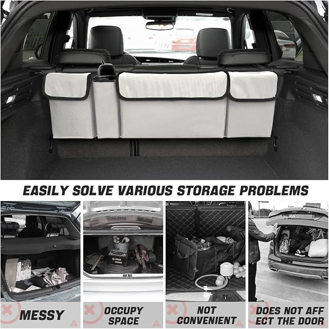 AUCELI Car Trunk Organizer, Backseat Hanging Large Storage with Adjustable Straps, Waterproof Collapsible Cargo Bag with 4 Pockets, Sturdy Space Saver Frees Trunk Floor for SUV, Truck, MPV