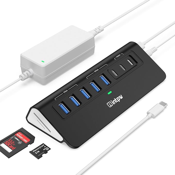Powered USB Hub 10Gbps, Intpw YH6AC Plus 10 Port USB 3.2 Hub(USB A/USB C 3.2+3 USB-A 3.0+2 PD 45W Fast Charging Port+SD/TF Card Reader), 65W Power Adapter,Aluminum USB HUB for PC,Laptop,iPhone 17/16
