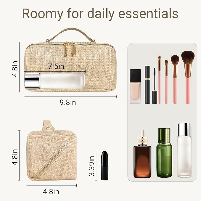 Travel Makeup Bag with Compartments & Organizers – Flat Open Cosmetic Pouch for Women, Purse-Style Design for Traveling, Perfect for Toiletries & Cosmetics(Gold)