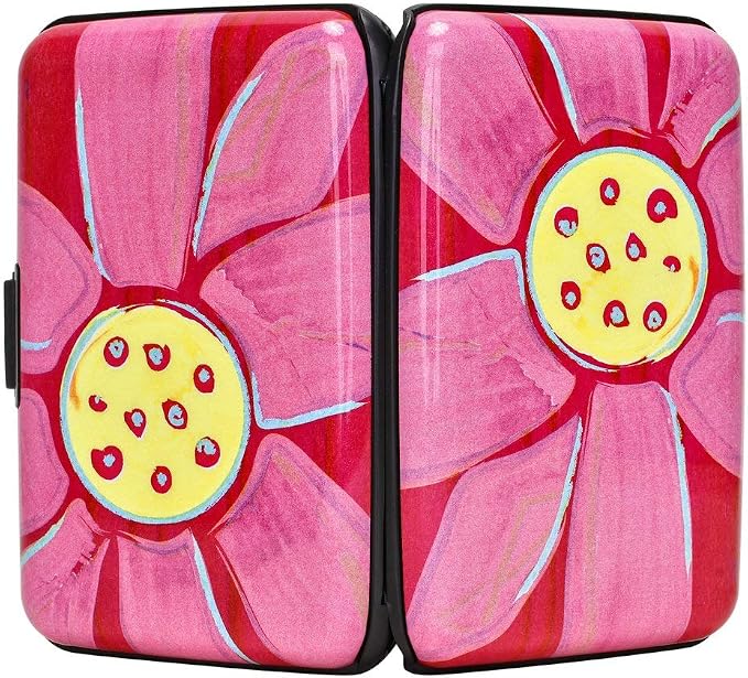 ELFISH RFID Blocking Credit Cards Holder Aluminum Wallet Metal ID Case for Men Women (Big pink flower)