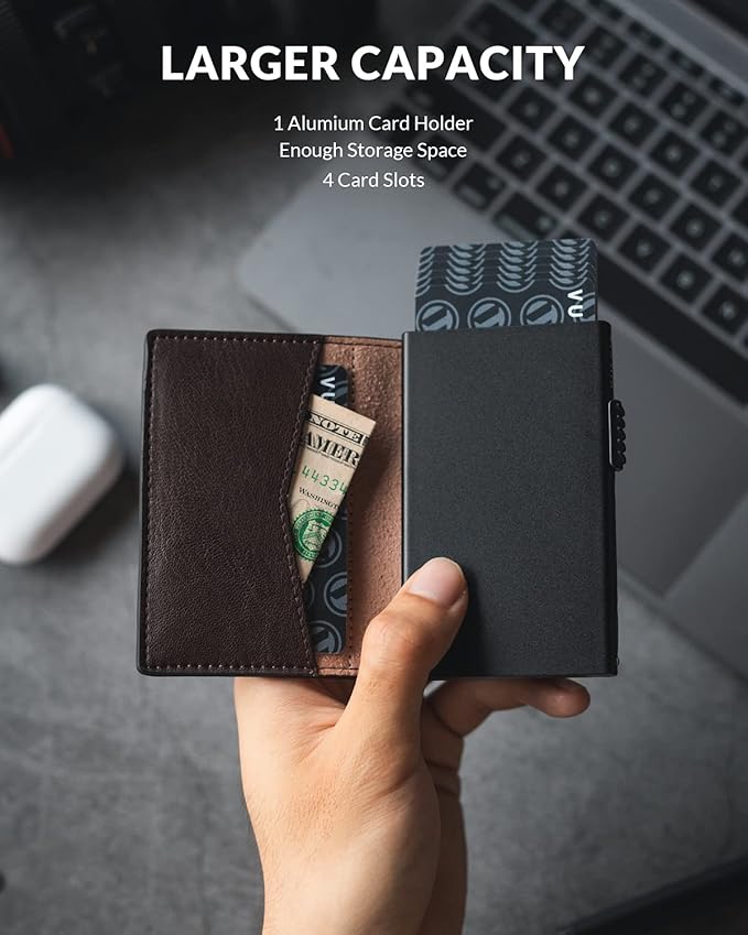 VULKIT Men's Slim Wallets Pop Up Card Holder RFID Blocking Metal Wallet Minimalist Design Holds Up to 11 Cards