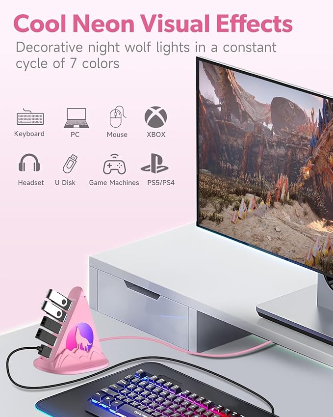 7 Port USB 3.0 Hub,Pink USB Hub with Wolf Shaped RGB Night Light, 2ft Long Cable and Pink Base,for Laptop, PC, Flash Drive, HDD, Console, Printer, Keyborad, Mouse and More(Charging Not Supported)