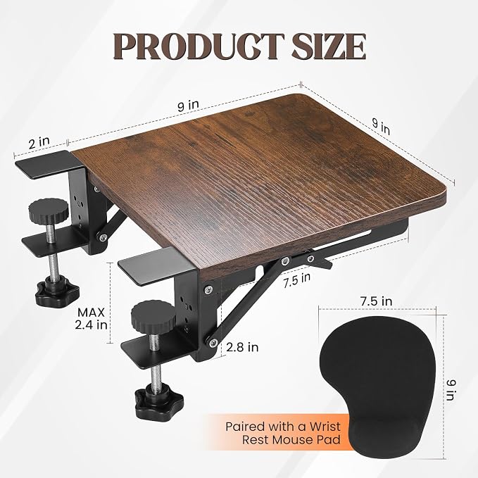 Ergonomics Foldable Desk Extender Tray with a Mouse Pad, 9"x9" Elbow Arm Rest with Clamp On Desktop Mount, 90° Foldable Armrest Support for Home and Office Use, Rustic Brown