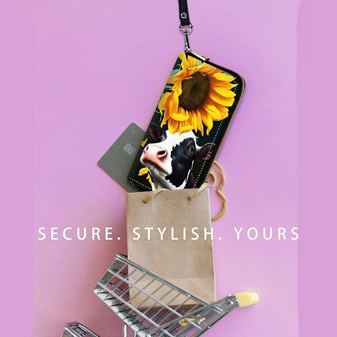 Zip Around Wallets for Women with Detachable Wrist Strap, Large Capacity RFID Blocking Leather Purse Organizer Card Holder Wristlet,Cute Sunflower Cow