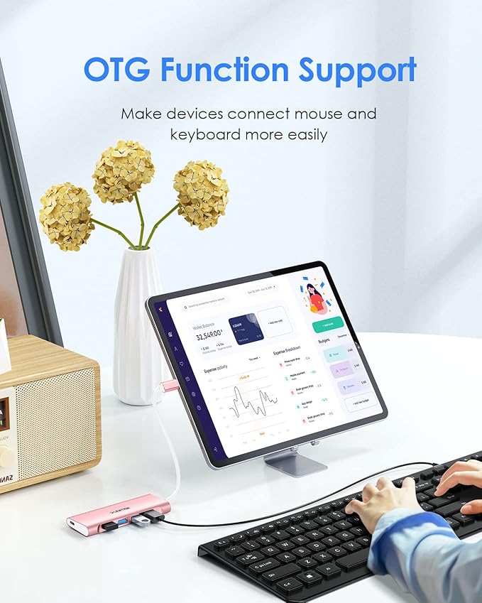 LENTION USB C Hub with 4 USB 3.0 & Type C Charging Compatible 2025-2016 MacBook Pro, 2025-2018 Mac Air, New Surface, Chromebook, More, Stable Driver Certified Type C Multiport Adapter (Rose Gold)