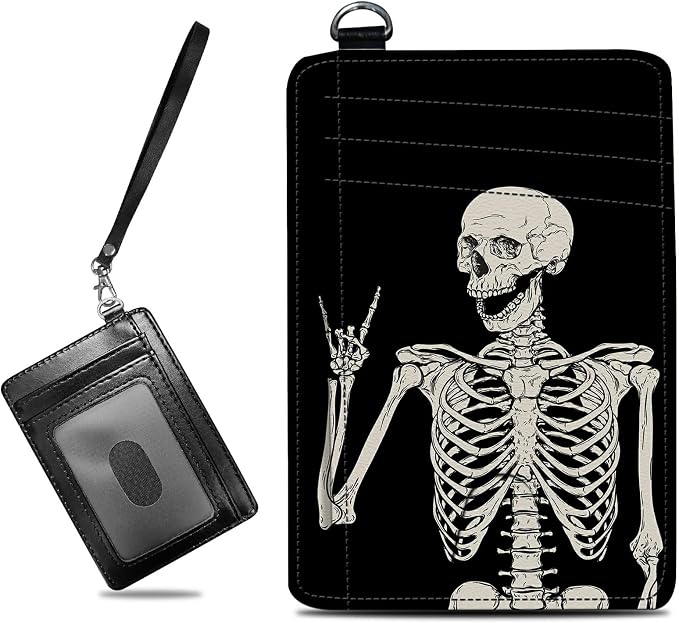 Small Travel Wallets, Skull Skeleton Slim Minimalist Front Pocket Wallet with Wristlet, RFID Blocking PU Leather Credit Card Holder with ID Window Change Purse for Men Women