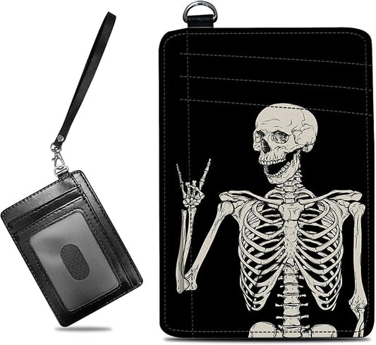 Small Travel Wallets, Skull Skeleton Slim Minimalist Front Pocket Wallet with Wristlet, RFID Blocking PU Leather Credit Card Holder with ID Window Change Purse for Men Women