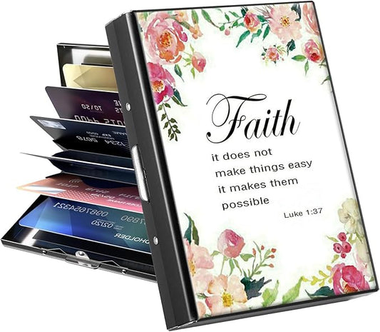 Metal Wallet for Women Men Girls, RFID Blocking Slim Aluminum Credit Card Holder, Mini Travel Wallet with Hard Shell, Lightweight ID & Business Card Case,1-37 Bible Verse Christian