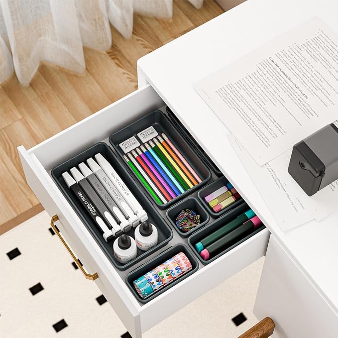 BYCY 38PCS Interlocking Desk Drawer Organizer Tray Divider Set, Plastic Black Desk Organizer Separator, Office Drawer Dividers Storage Bins for Office Bathroom Kitchen (38pcs 5Size)