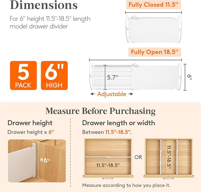 Lifewit 6" Tall 5 Pack Drawer Dividers, 30-47cm/11.5-18.5" Expandable Drawer Divider for Clothes, Adjustable Dresser Drawer Organizers, Drawers Separators for Dresser/Bathroom/Closet/Kitchen White