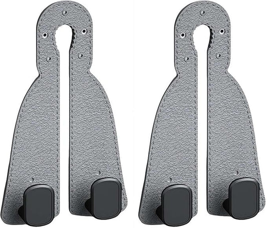 Car Purse Hook for Headrest, 2-in-1 Design with Phone Holder, Heavy Duty Metal Vehicle Storage Organizer, Universal Handbag Holder, Black Leather Seat Hangers for Grocery Bags, Clothes (Gray)