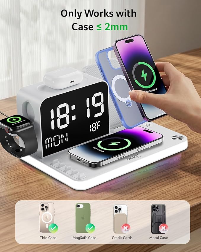 Acer 7-in-1 Wireless Charging Station with LED Clock - 30W Fast Wireless Charger for iPhone 16/15/14/13/12/Pro Max, Apple Watch, AirPods - Bluetooth Auto Time Sync & Night Lights (White)