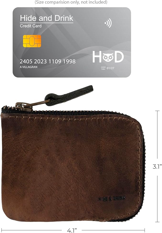 Hide & Drink, Full Grain Leather Zippered Card Wallet for Men and Women, Coin Pouch, Money Holder, Pocket Organizer, Handmade, Bourbon Brown