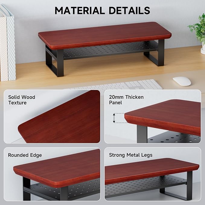 Monitor Stand Riser, 24 Inch Computer Monitor Stand for Desk, 2-Tier Wood Desk Shelf Organizer with Storage, Desktop Stand for Laptop/Screen/PC/Printer, Ergonomic Home Office Monitor Stand