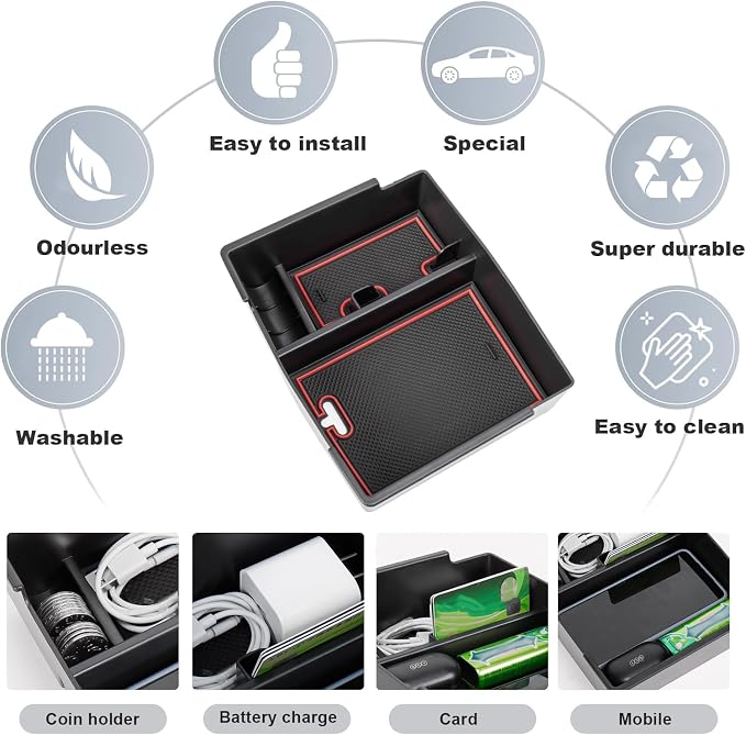 Center Console Organizer Compatible with 2024 2025 2026 Toyota Tacoma Console Armrest Storage Box Interior Insert Storage Tray Secondary Accessories(Red)
