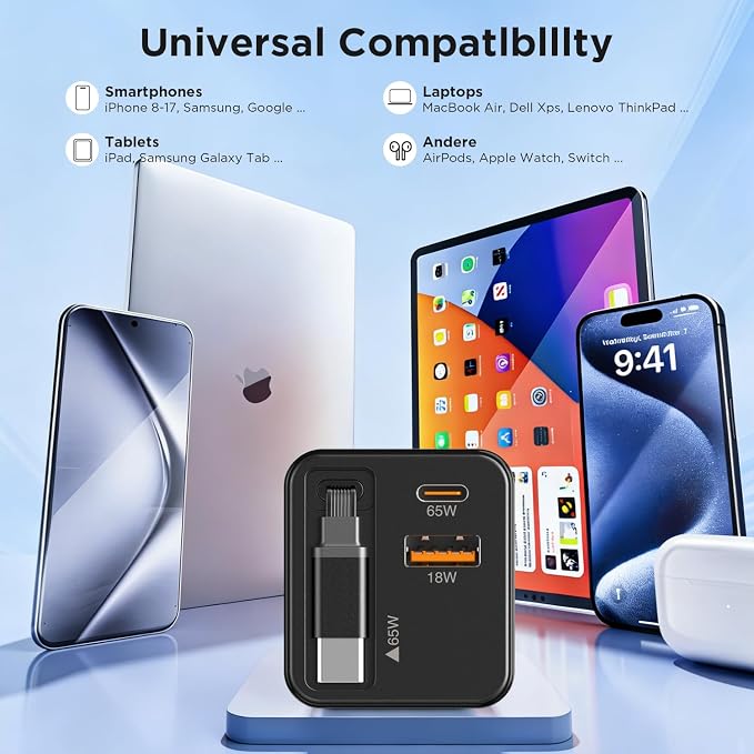 65W GaN USB C Charger with Retractable Charging Cable, 3-Port Power Adapter | Fast travel charger for MacBook, iPhone 17 16 15, Samsung Galaxy S24, iPad, multi port compact wall charging block, black