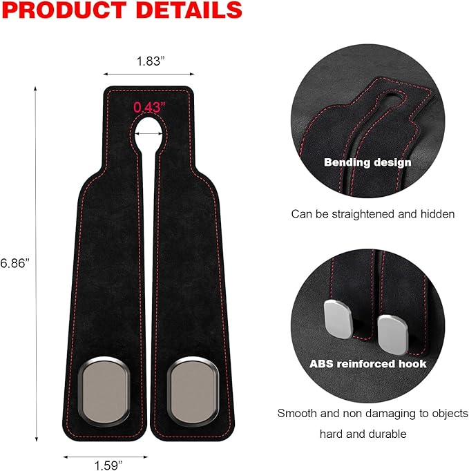 Leather Car Headrest Hooks, 2-in-1 Car Seat Back Purse Hooks with Double Metal Hangers, Universal Car Storage Holder for Bags, Handbags, Phones & Groceries(2PCS, Black)