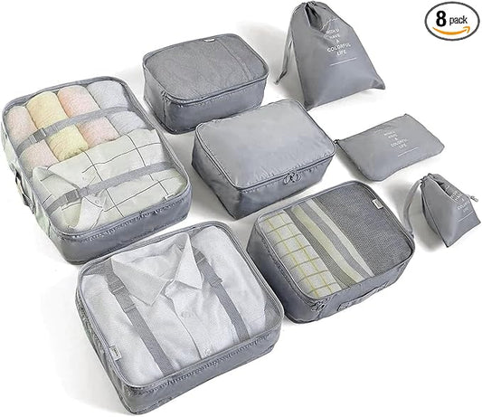 8 Set Packing Cubes for Suitcases Travel Luggage Packing Organizers,Travel Essentials Accessories Luggage Organizer with Shoe Bag Tioletry/Laundry Bag（Grey）