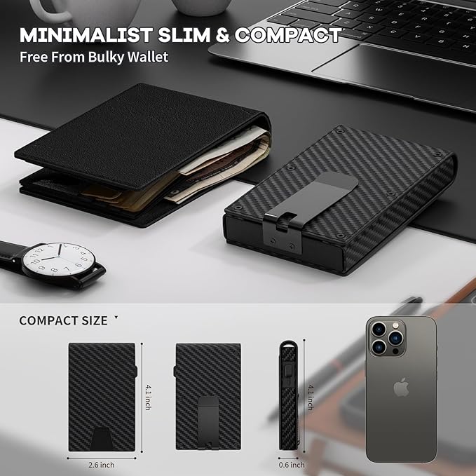 Wallet for Men, Gift Boxed Slim Minimalist Wallet for Men with Money Clip and Genuine Leather Slots RFID Blocking Pop Up Metal Aluminum Smart Wallet Card Case (Carbon Fibre Black)