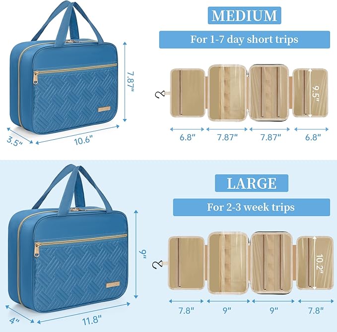 Travel Toiletry Bag for Women & Men Water Resistant Makeup Bag with Hanging Hook Portable Travel Organizer for Travel Accessories, Travel-Sized Shampoo, Toiletries (Medium-Blue)