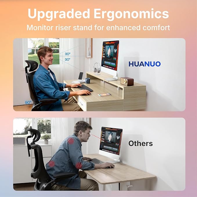 HUANUO 55″ x 26″ Electric Standing Desk with 2 Drawers &24.4″ Large Keyboard Tray, C-Clamp Mount Compatible, Adjustable Computer Desk for Office, Sit Stand Up Desk with 4 Height Presets, Light Walnut