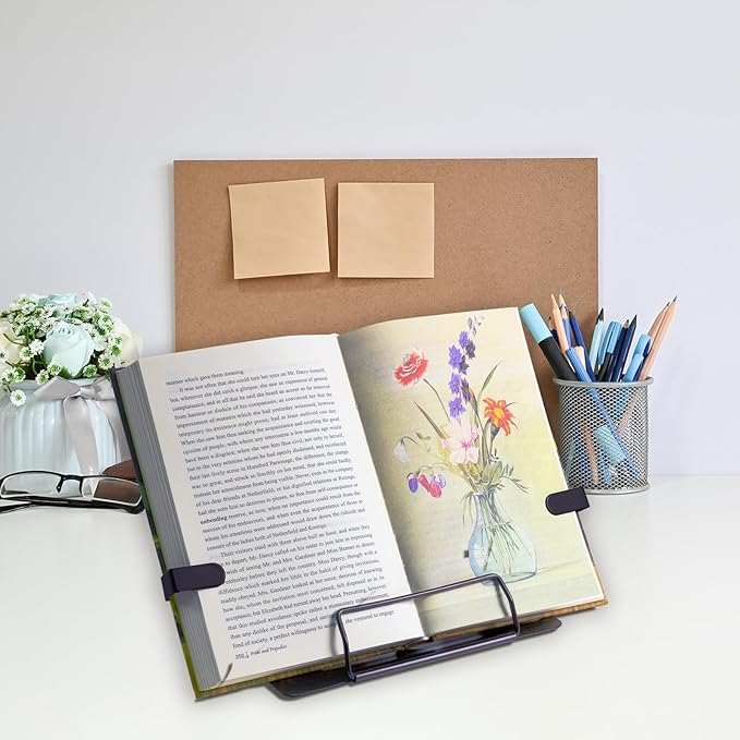 Metal Desk Book Stand for Reading with Adjustable Clips, Hands-Free Foldable Book Holder for Kids, Portable Document Stand for Desk, Display Stand for Recipes, Cookbooks, Tablets - Black