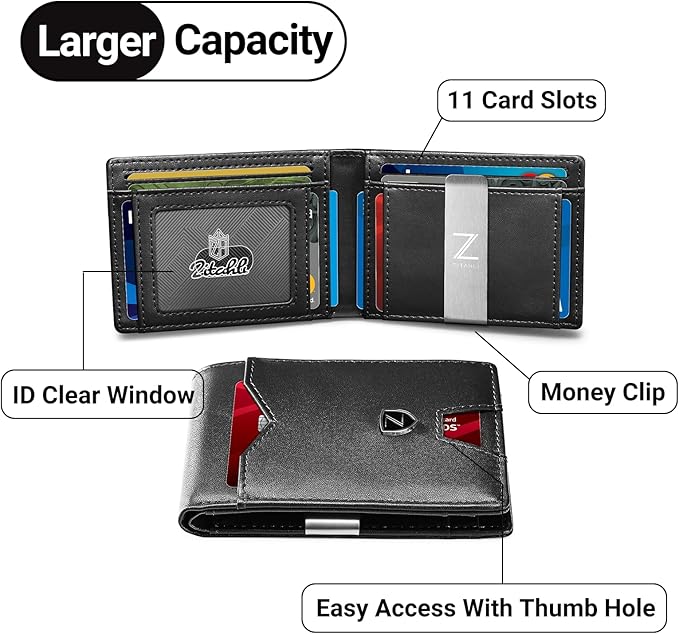 Zitahli Slim Wallet for Men with Money Clip, Minimalist Front Pocket RFID Blocking Leather Wallets Bifold Credit Card Holder, 11 Card Slots and ID Window with Gift Box