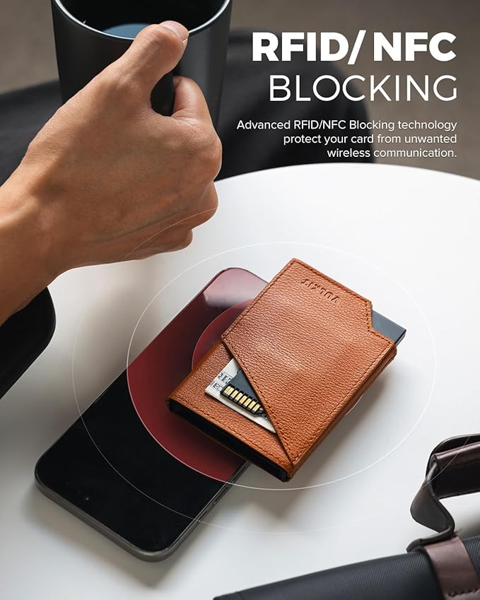VULKIT Pop up Card Wallet Genuine Leather RFID Blocking Slim Aluminum Metal Bank Card Holder Case with Business Money Pocket for Credit Cards Notes and Coins Brown